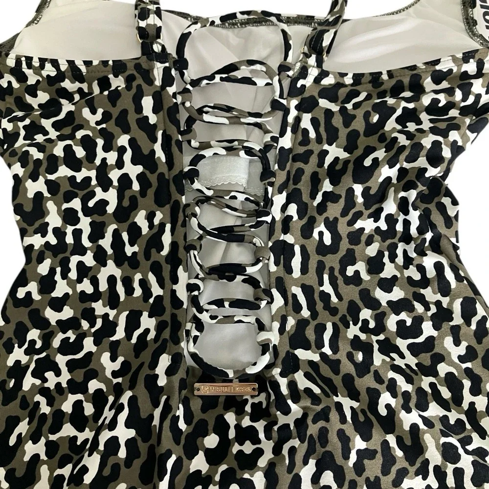 MICHAEL‎ KORS One Piece Swimsuit Leopard Print Lace Up Back Women Size 10